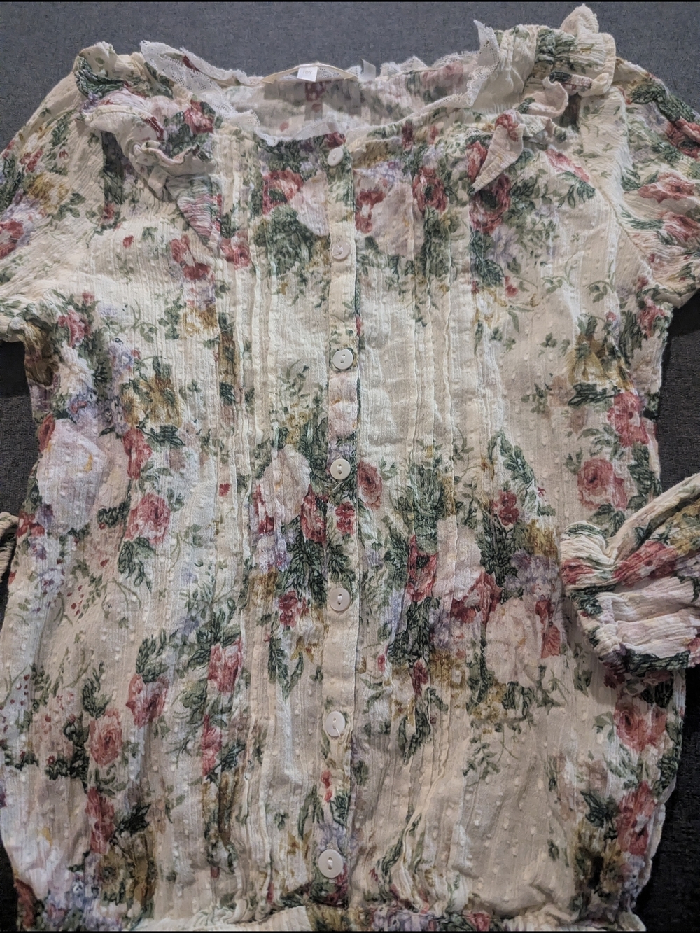 LoveShackFancy Girls Floral Ruffle Button-Up Blouse in White, Pink & Green - Picture 2 of 3